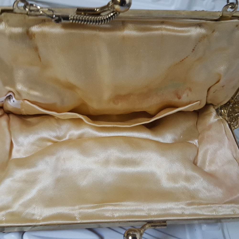 Clutch Bag Antique Gold Beaded Glass Beads Shoulde - Picture 4 of 6